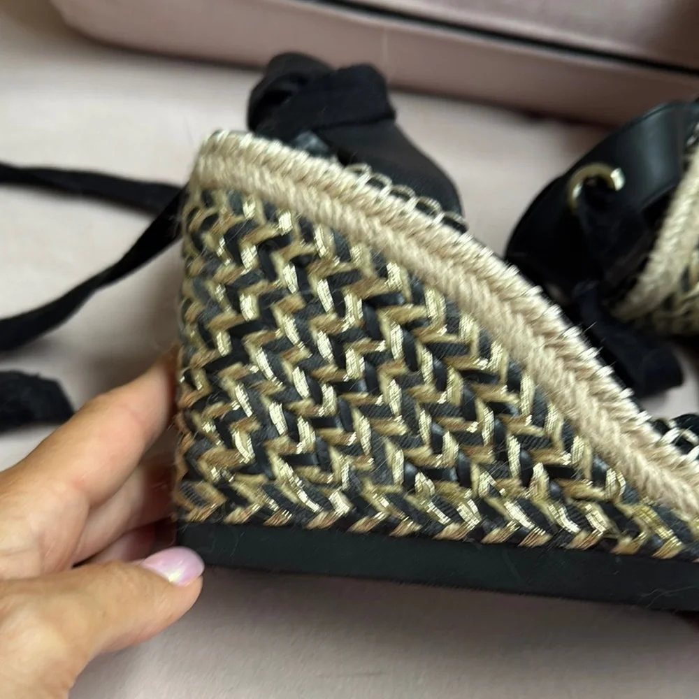 Vince Camuto Black Suede Espadrille Wedge Sandals with Ankle Wraps